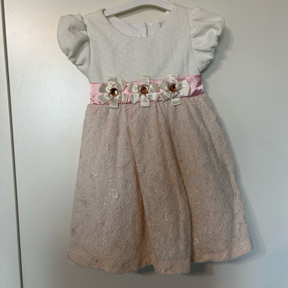 5/$30 Rare Edition Pink Lace Party Dress with Satin Bow Accents 18M